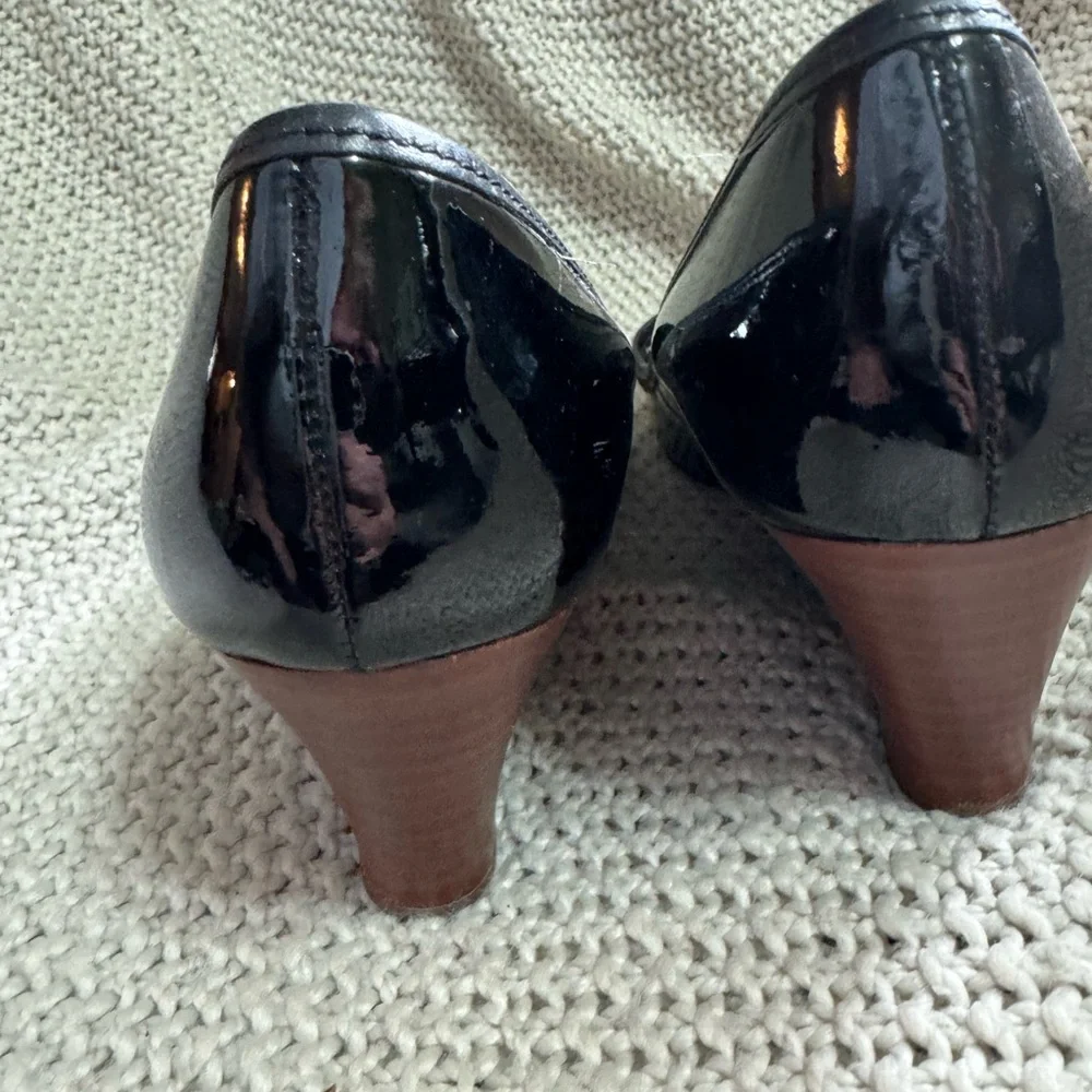 TORY BURCH HEELS WOMEN'S LOUISA LOGO WEDGE PUMP BLACK LEATHER SIZE‎ 7.5